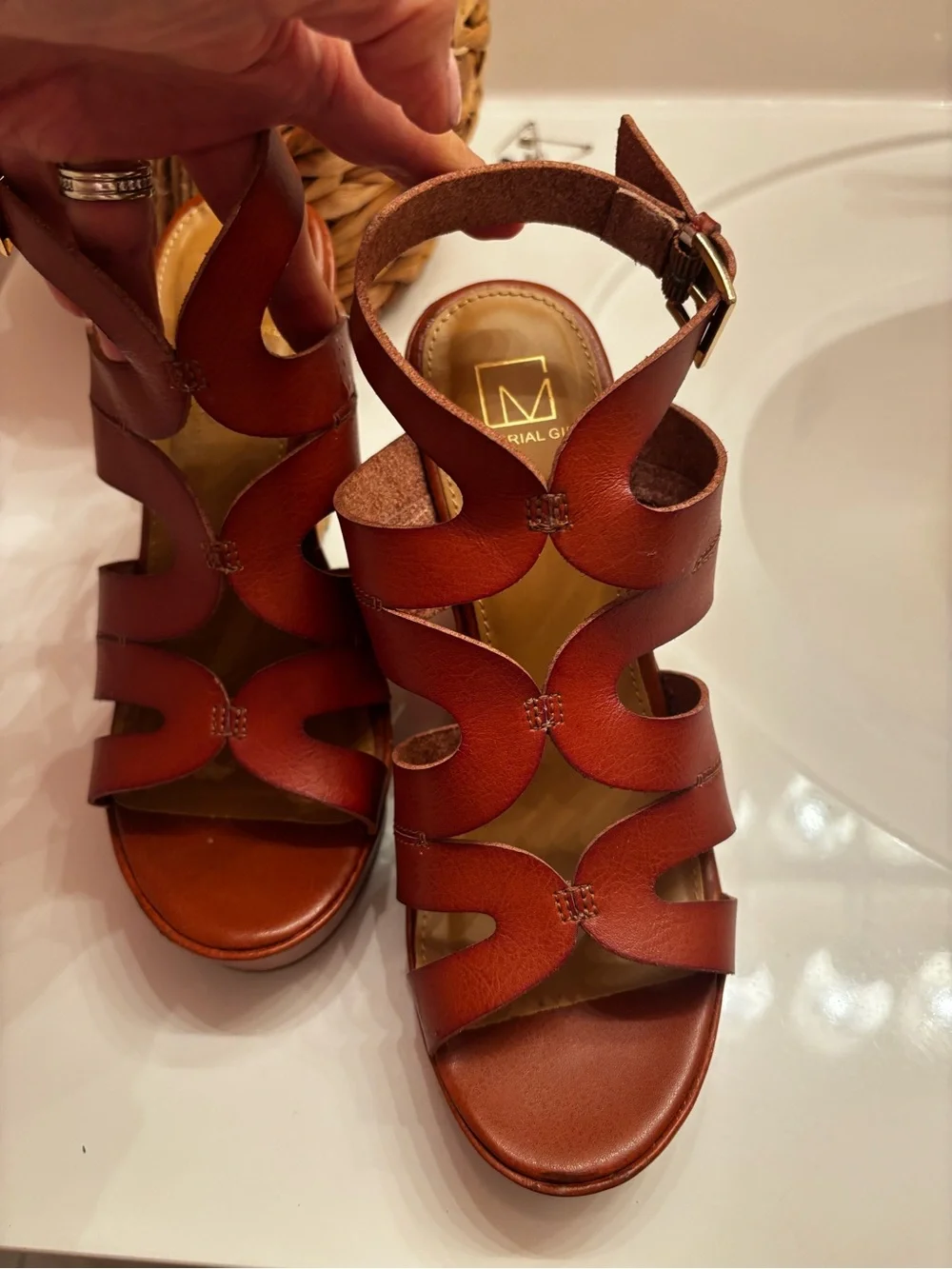 Material Girl Cognac Wedge Sandals with Cork Platform